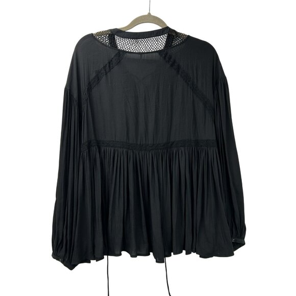Free People Womens Blouse Medium Black Peasant Boho Top Crochet Lace Up Tunic - Picture 2 of 15
